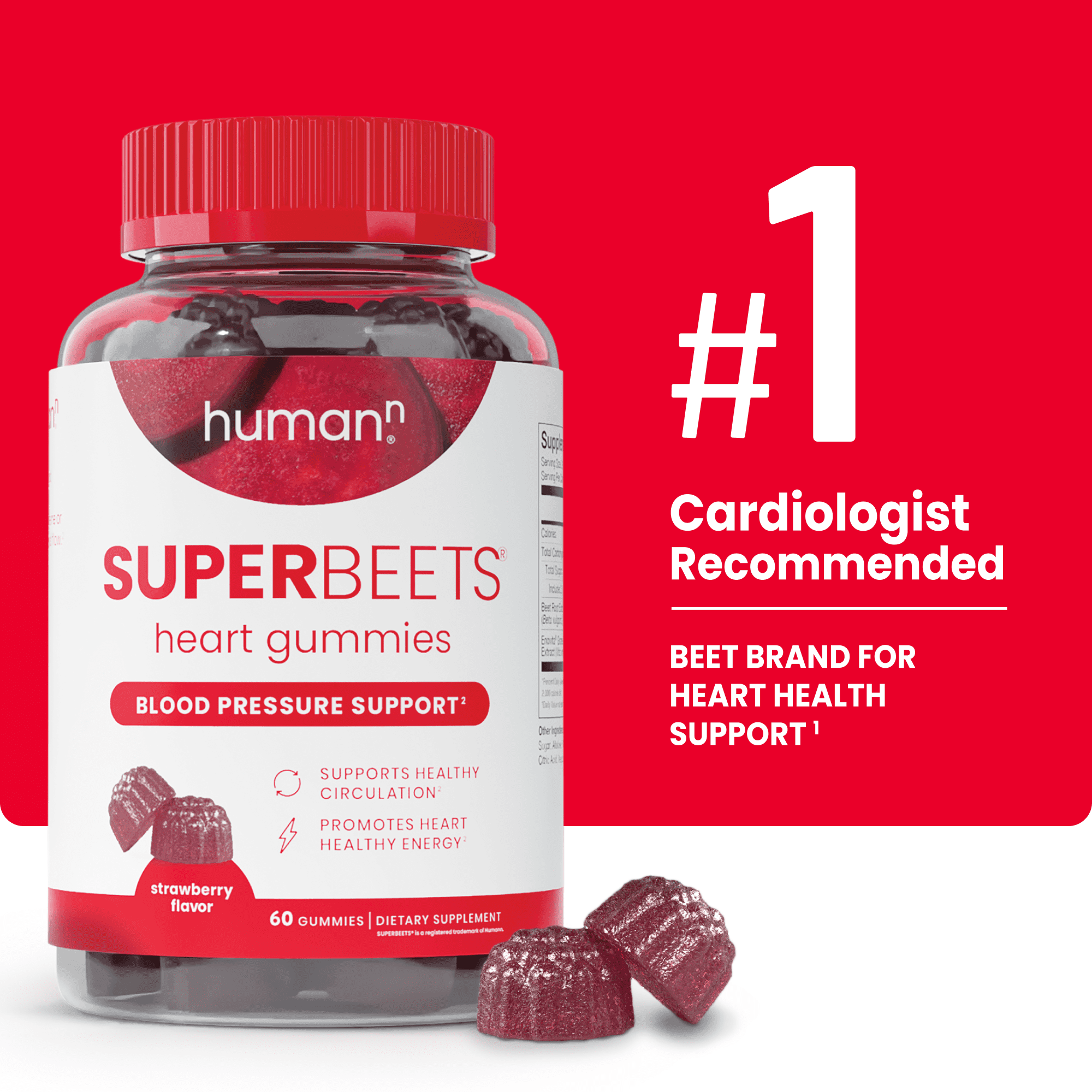 HumanN SuperBeets Strawberry Heart Gummies - Beetroot & Grape Seed Extract, 60 Count