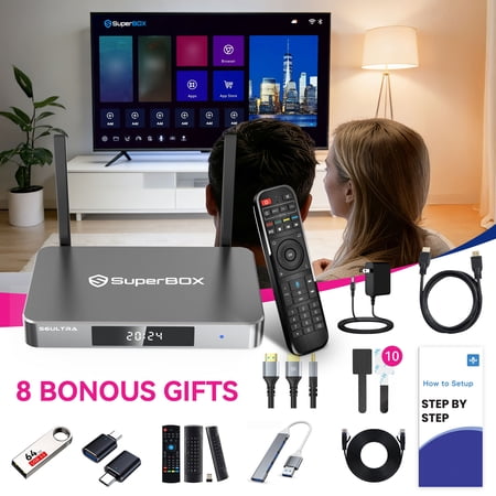 Super Box s6 ultra + 8 Bonus Gifts , 4+128G | 8K HDMI Cable, Full Keyboard Remote, 1000M Ethernet, USB Drive & 8 Bonus Accessories | Easy Setup