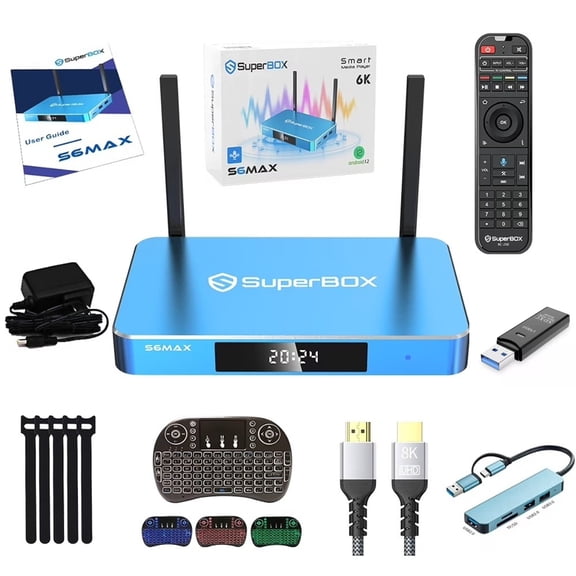 SuperBox S6 Max 2025 Smart TV Box, Fully Loaded Android 12 Device, 4GB RAM 64GB ROM, Voice Remote, Dual Band WiFi 6, Easy Setup Phone Support