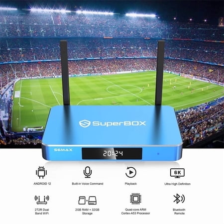 SuperBox S6 Max Premium Edition with Built-in Voice Control System | 2025 Model | Android 12 | 4GB RAM | 64GB Storage with Remote Control and Chargers