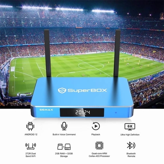 SuperBox S6 Max Premium Edition with Built-in Voice Control System | 2025 Model | Android 12 | 4GB RAM | 64GB Storage with Remote Control and Chargers