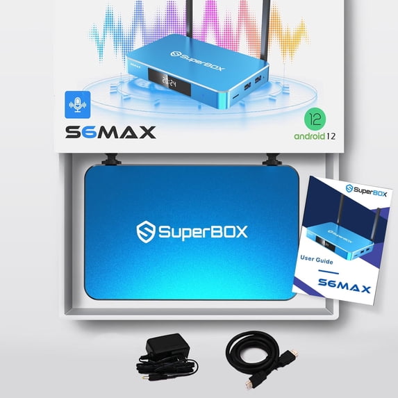 SuperBox S6 Max Premium Edition with Built-in Voice Control System | 2025 Model | Android 12 | 4GB RAM | 64GB Storage with Remote Control and Chargers
