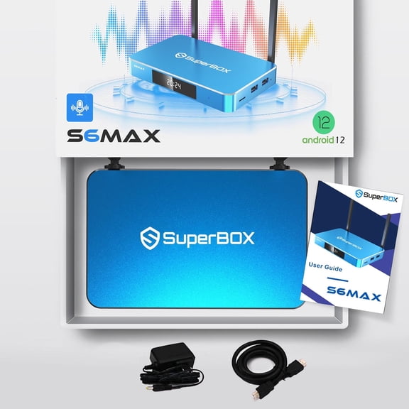 SuperBox S6 Max Premium Edition with Built-in Voice Control System | 2025 Model | Android 12 | 4GB RAM | 64GB Storage with Remote Control and Chargers