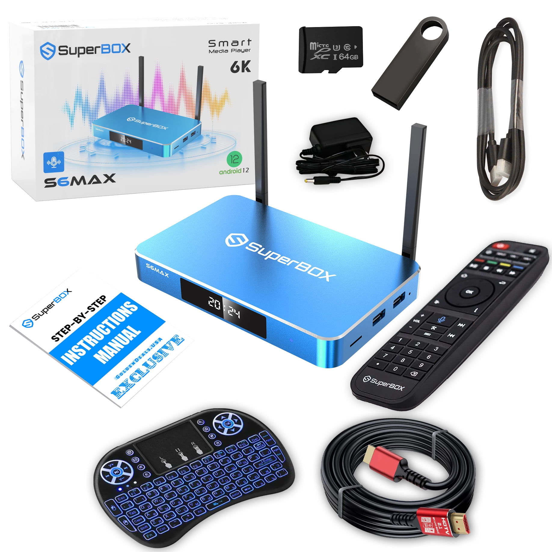 SuperBox S6 Max Premium Edition Bundle Deal | 2025 Model | Bonus 8K HDMI Cable Backlit Mini Wireless Keyboard, USB, and TF Card