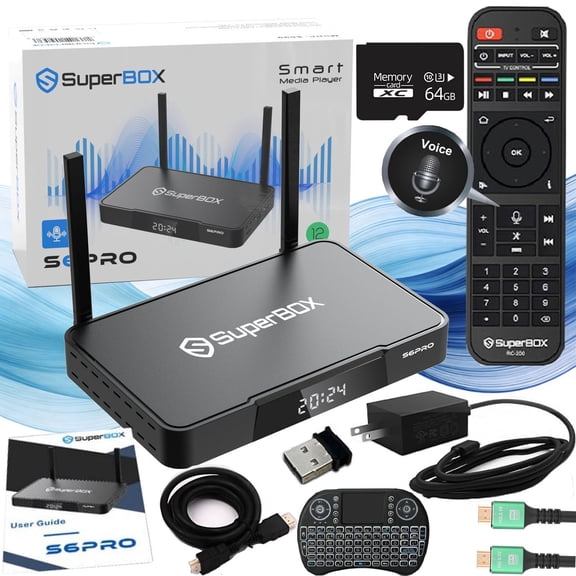 SuperBox S6 Pro Latest Pack, Powerful Smart TV Box with Built-in Voice Control System | 2025 Model | Android 12 | 4GB RAM | 32GB Storage| 2T2R Dual Band WiFi | Easy Setup & Support