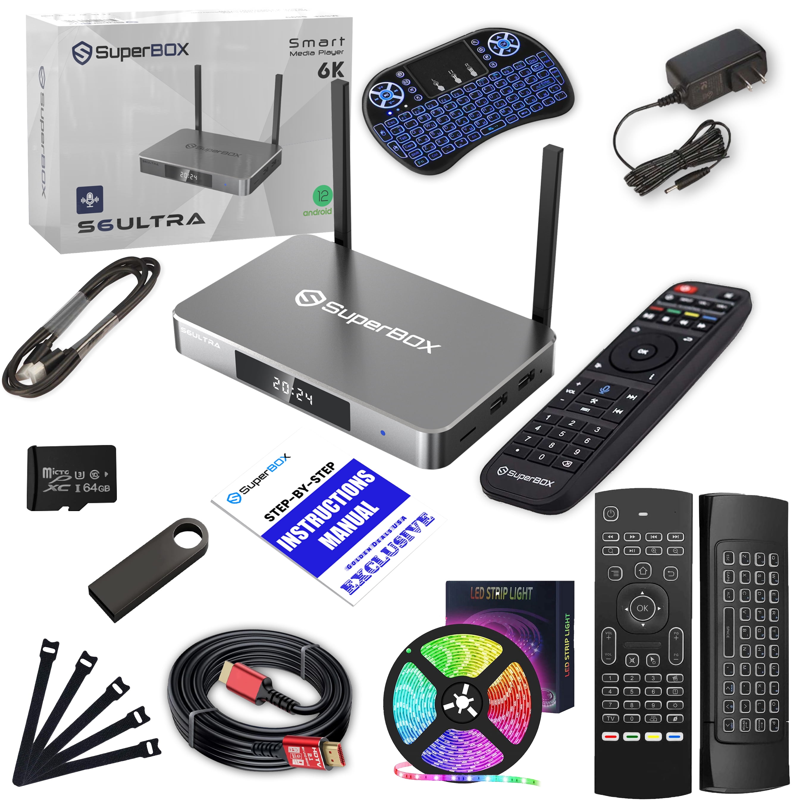 SuperBox S6 Ultra Premium Edition Bundle Deal | 2025 Model | Bonus 8K HDMI Cable, USB, 64GB TF Card, Backlit Keyboard, LED Strip Light, Air Mouse, and Cable Ties