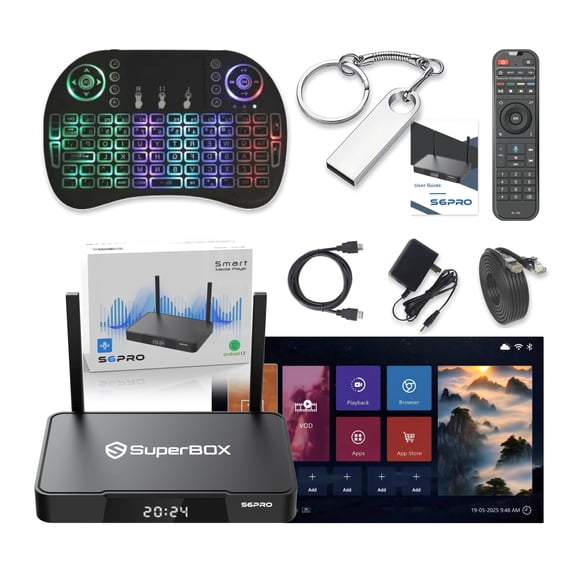 SuperBox S6PRO 2025 New GPU,faster speed,4GB DDR, 64GB eMMC storage, Wi-Fi 6, 1000Mbps Ethernet port, Bluetooth Vioce Remote