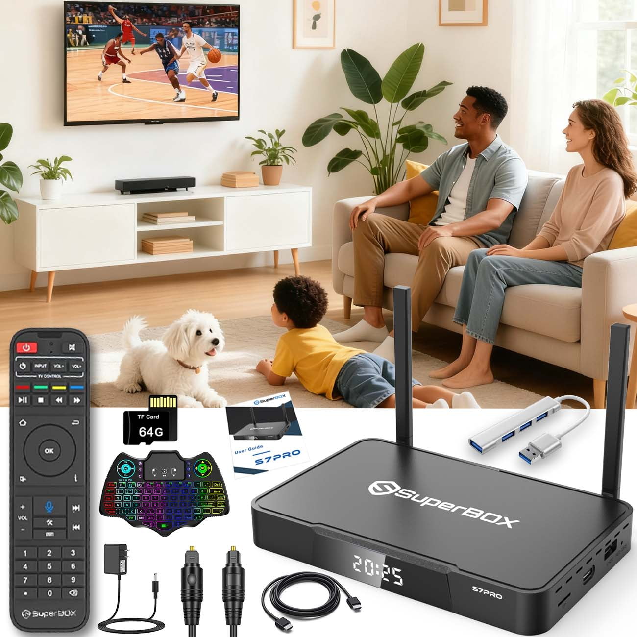 SuperBox S7 PRO Fully Loaded, 2025 Newest Pack, 4G+32G S7pro Super Box with Voice remote, Time Shift,& Parental Control Time, S7 TV Box with Premium 6K HD