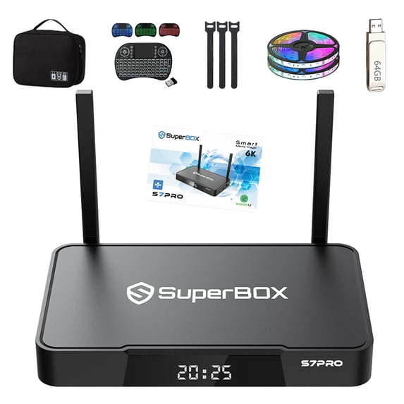 SuperBox S7 Pro Android 12 TV Box Bundle with 64GB USB Drive, Backlit Voice Remote, HDMI Cable & LED Light, 4GB RAM 32GB, WiFi 6, 6K UHD