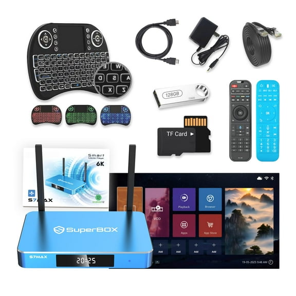 SuperBox S7MAX Type-C Charging & USB Ports,8-Piece Set of Travel charger,4GB DDR, 64GB eMMC storage,One year free warranty