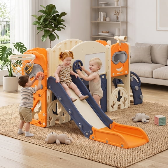 SuperDeal 10-in-1 Toddler Freestanding Slide Set - Kids Age 1-3 Climber Playground with Basketball Hoop, Telescope, Storage, Indoor Outdoor Toys Playset