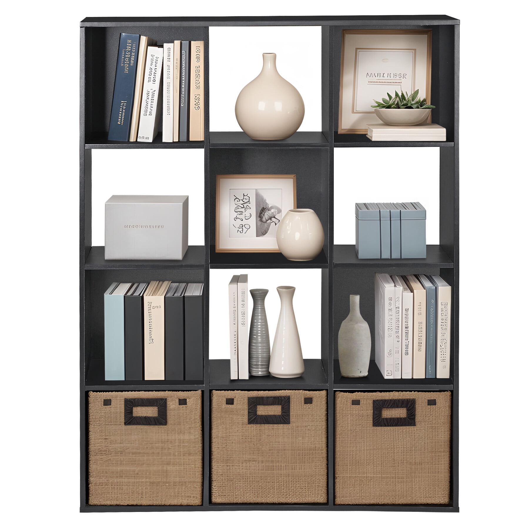 SuperDeal 12 Cube Storage Organizer Wooden Bookshelf Display W/Removable Back Panels Black