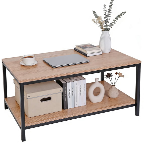 SuperDeal 2-Tier Compact Coffee Table Industrial Cocktail Desk W/ Storage Shelf for Small Apartment Living Room, Natural