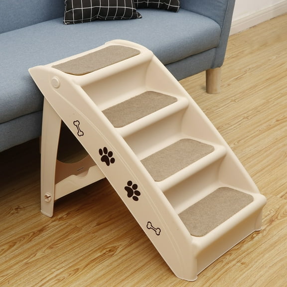 SuperDeal 24"L 15.5"W Lightweight Folding 4-Step Pet Stairs for Bed Sofa W/Washable Carpet PP Beige
