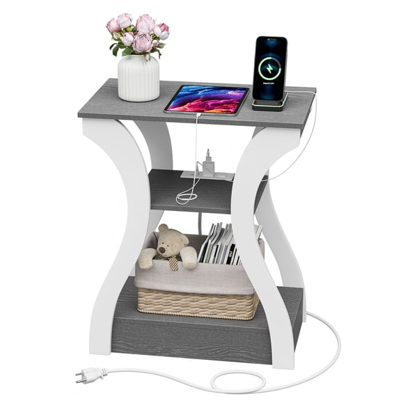 SuperDeal 3-Tier Modern End Table with Built-in Charging Station USB Ports + Storage Shelves 24'' Versatile Nightstand/Side Table Ideal for Bedrooms & Living Spaces (Gray + White)