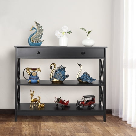 SuperDeal 3-Tier Simple Entryway Console Table Glossy MDF Black