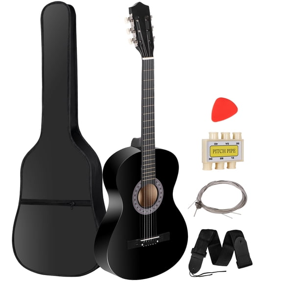 SuperDeal 38-Inch Round Shoulder Acoustic Guitar Kit 6 Strings Full Size Classic Beginners Children Adults All-Solid Wood with Carrying Case, Strap, Tuner and Pick, Black