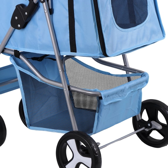 SuperDeal Folding Pet Stroller for Small Dog Cat, 4 Wheels Breathable Pet Carrier W/Cup Holder & Basket, Sky Blue