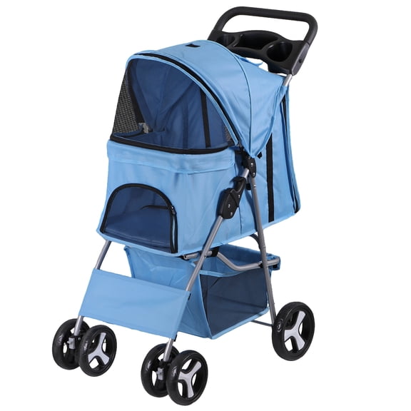 SuperDeal Folding Pet Stroller for Small Dog Cat, 4 Wheels Breathable Pet Carrier W/Cup Holder & Basket, Sky Blue