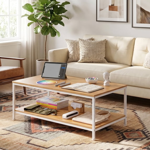 SuperDeal 39in Coffee Table 2-Tier Minimalist Center Table with Storage Open Shelf for Small Spaces, Home, Living Room, Apartment, Natural