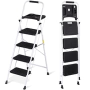 SuperDeal 4 Step Ladder Portable Folding Step Stool Metal Frame with Wide Non-Slip Pedals & Tool Tray   Perfect for Home, Garage & More, White