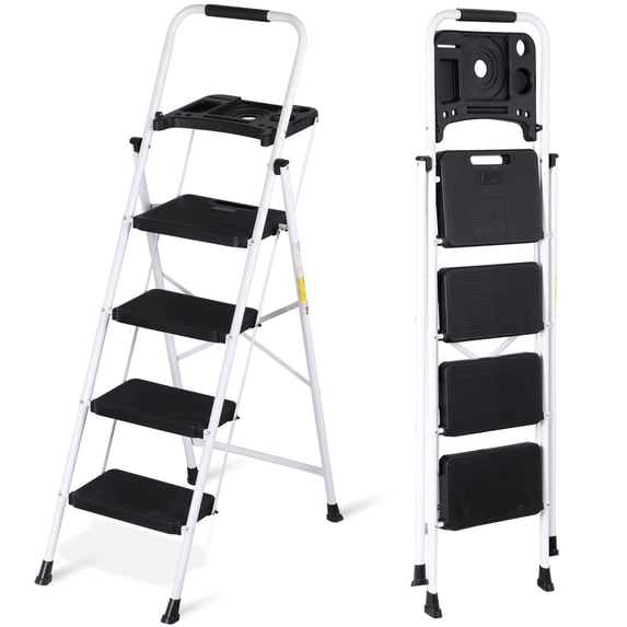 SuperDeal 4 Step Ladder Portable Folding Step Stool Metal Frame with Wide Non-Slip Pedals & Tool Tray – Perfect for Home, Garage & More, White