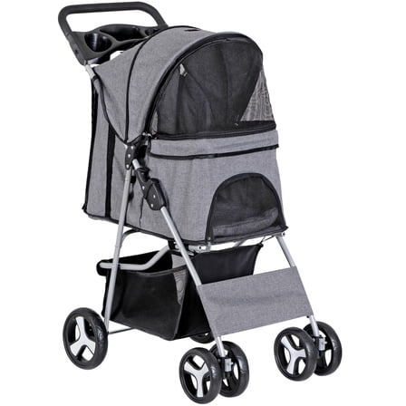 SuperDeal 4 Wheels Pet Stroller Foldable Carrier Strolling Cart for Cat Dog w/ Storage Basket Gray