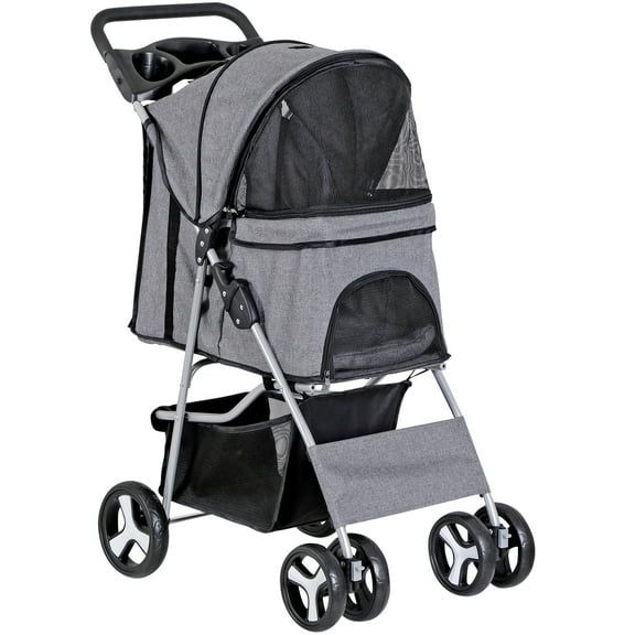 SuperDeal 4 Wheels Pet Stroller Foldable Carrier Strolling Cart for Cat Dog w/ Storage Basket Gray