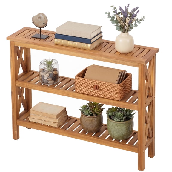 SuperDeal 40-in All-Weather Console Table 3-Shelf Wooden Buffet Bar Table for Indoor, Outdoor, Backyard, Patio, Natural