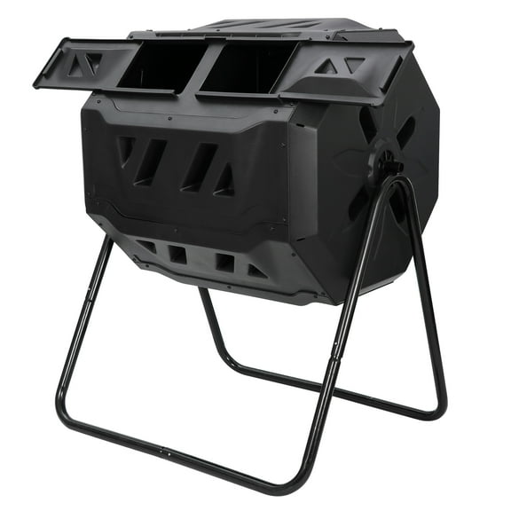SuperDeal 43Gal Compost Bin Dual-Chamber Tumbling Fertilizer Tank Black Premium PP + Steel