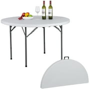 SuperDeal 48 Round Bi-Folding Plastic Table Metal Legs Portable Dining Table with Handle Indoor Outdoor, White