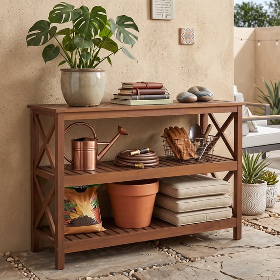 SuperDeal 48-in Indoor Outdoor Console Table 3-Shelf Weather-Resistant Wooden Buffet Bar Table, Brown