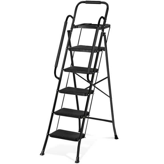 SuperDeal 5 Step Ladder Folding Step Stool Portable Metal Frame Ladder with Tool Tray Wide Non-Slip Pedal, Black
