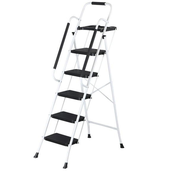 SuperDeal 5 Step Ladder Folding Step Stool Portable Metal Frame Ladder with Tool Tray Wide Non-Slip Pedal, White