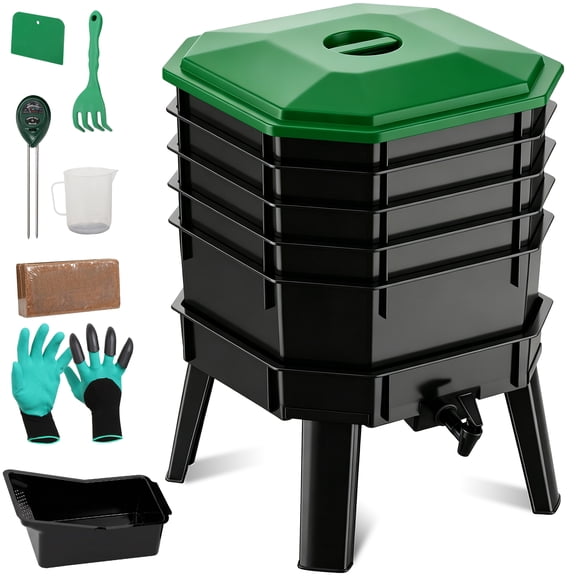 SuperDeal 5-Tray Worm Compost Bin,72.5L Odorless Worm Composter W/Spigot, Worm Farm Starter Kits for Home & Kitchen Food Waste Recycling, Black