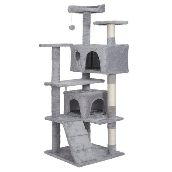 SuperDeal 55" Cat Tree Tower Double Condo W/Scratching Post Pet Kitty Playhouse, Light Gray