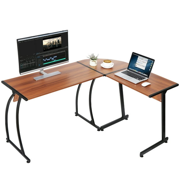 SuperDeal 58" L-Shaped Computer Desk Ergonomic Corner Workstation, Bright Walnut