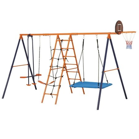 SuperDeal 6 in 1 Multifunctional Swing Set Steel Frame for Background with Seesaw, Basketball Rim, Climbing Ladder/Net