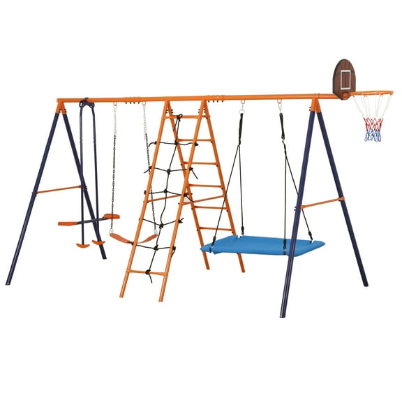 SuperDeal 6 in 1 Multifunctional Swing Set Steel Frame for Background with Seesaw, Basketball Rim, Climbing Ladder/Net