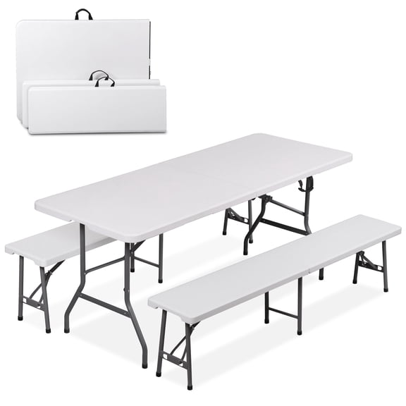 SuperDeal 6FT Folding Table and Bench 3-Piece Set - HDPE Picnic Table with 2 Benches, Portable Indoor/Outdoor Use w/Carry Handles, Heavy-Duty Plastic Tabletop for Backyard, Camping, Parties, White