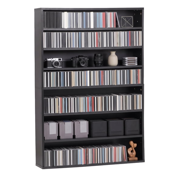 SuperDeal 7-Tier Adjustable Shelf Media Storage Cabinet, 45.5" Tall Slim CD DVD Rack with Anti-Tip Straps, Narrow Home Entertainment Bookcase for Living Room, Office, Black
