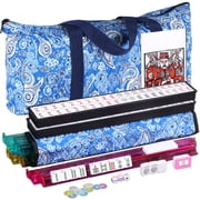 SuperDeal American Mahjong Set 166 Tiles Mahjong W/Padded Paisley Bag, 4 Color Pushers/Racks Home Travel Game Set, Blue