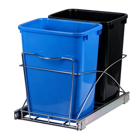 SuperDeal Dual 35Qt Pullout Trash Garbage Can, Smooth Steel Frame Slider 8.7Gal Capacity Under Kitchen Cabinet, Blue Black