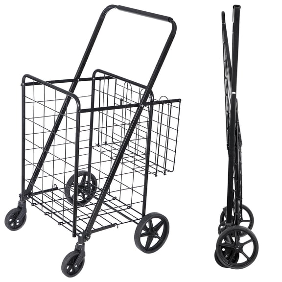SuperDeal Foldable Shopping Cart Dual Baskets Utility Cart W/360 Swivel Wheels for Grocery Laundry Garage