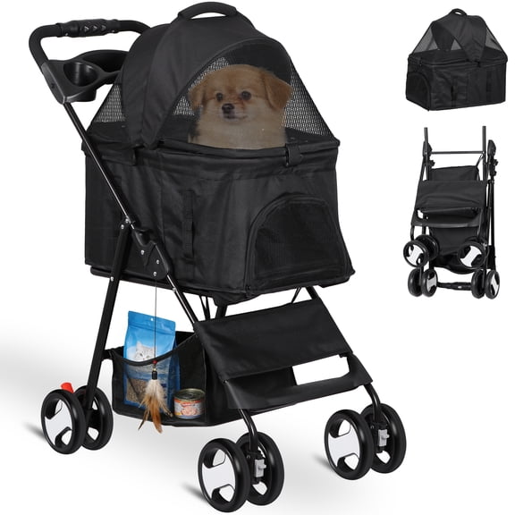 SuperDeal Folding Pet Stroller 3-in-1 Versatile Dog Jogger Stroller W/Detachable Carrier & Brakes for Small Dog Cat, Black