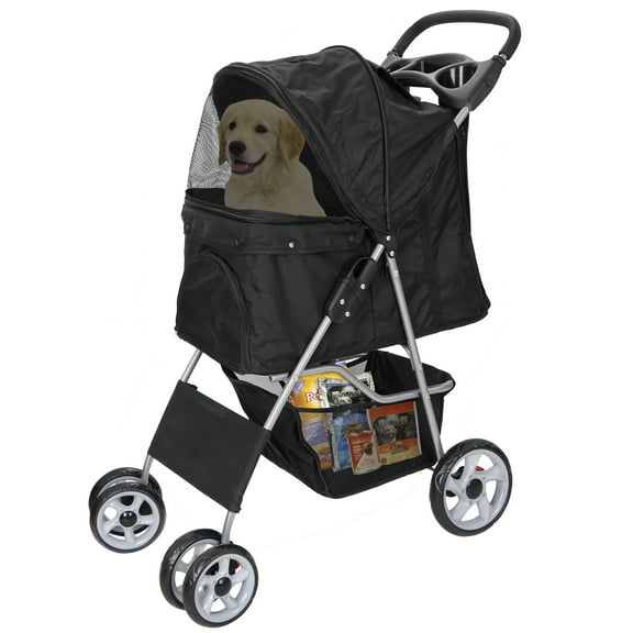 SuperDeal Folding Pet Stroller Small Medium Dog Cat Travel Carriage 4 Wheels W/Cup Holder Black