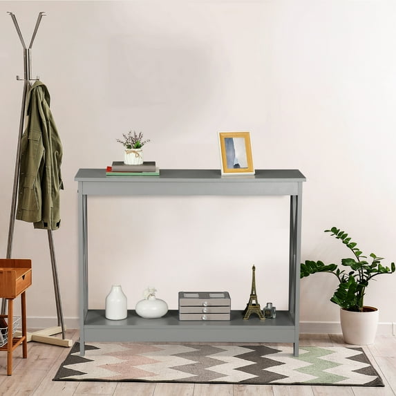 SuperDeal Gray Console Table 2-Tier MDF Entryway Table X-Design Storage Display Shelf Indoor