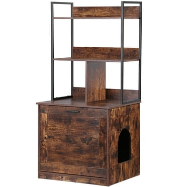 SuperDeal Hidden Cat Litter Box Enclosure with Shelves Cat House Cat Furniture Brown