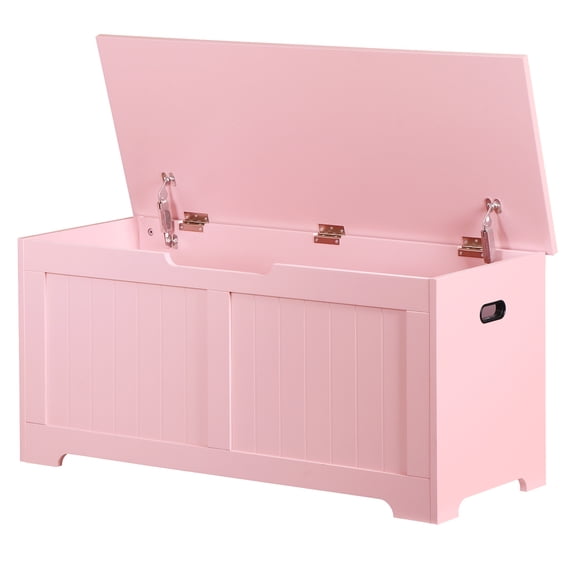 SuperDeal Wooden Storage Chest Box W/Safety Hinge, 39.4 in Large Storage Organizer Shoe Bench for Home Entryway, Bedroom, Pink