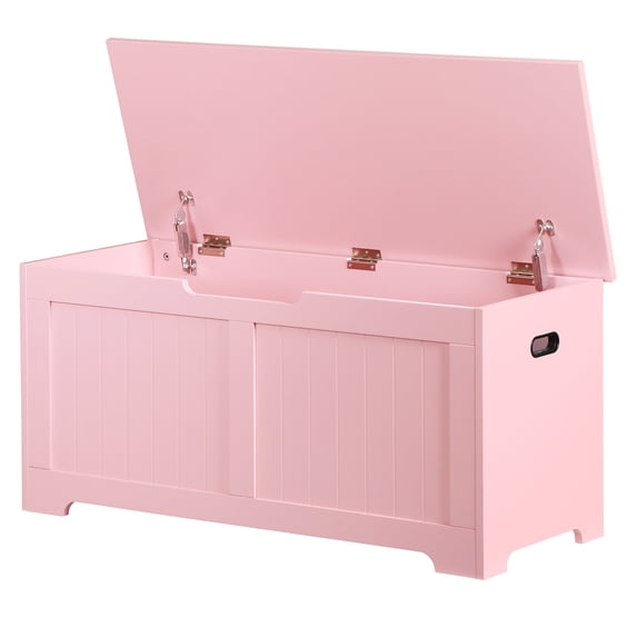 SuperDeal Wooden Storage Chest Box W/Safety Hinge, 39.4 in Large Storage Organizer Shoe Bench for Home Entryway, Bedroom, Pink